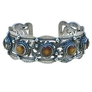 Peruzzi Florence 800 Silver Citrine Ornate Floral Motif Bracelet Cuff Vtg Signed